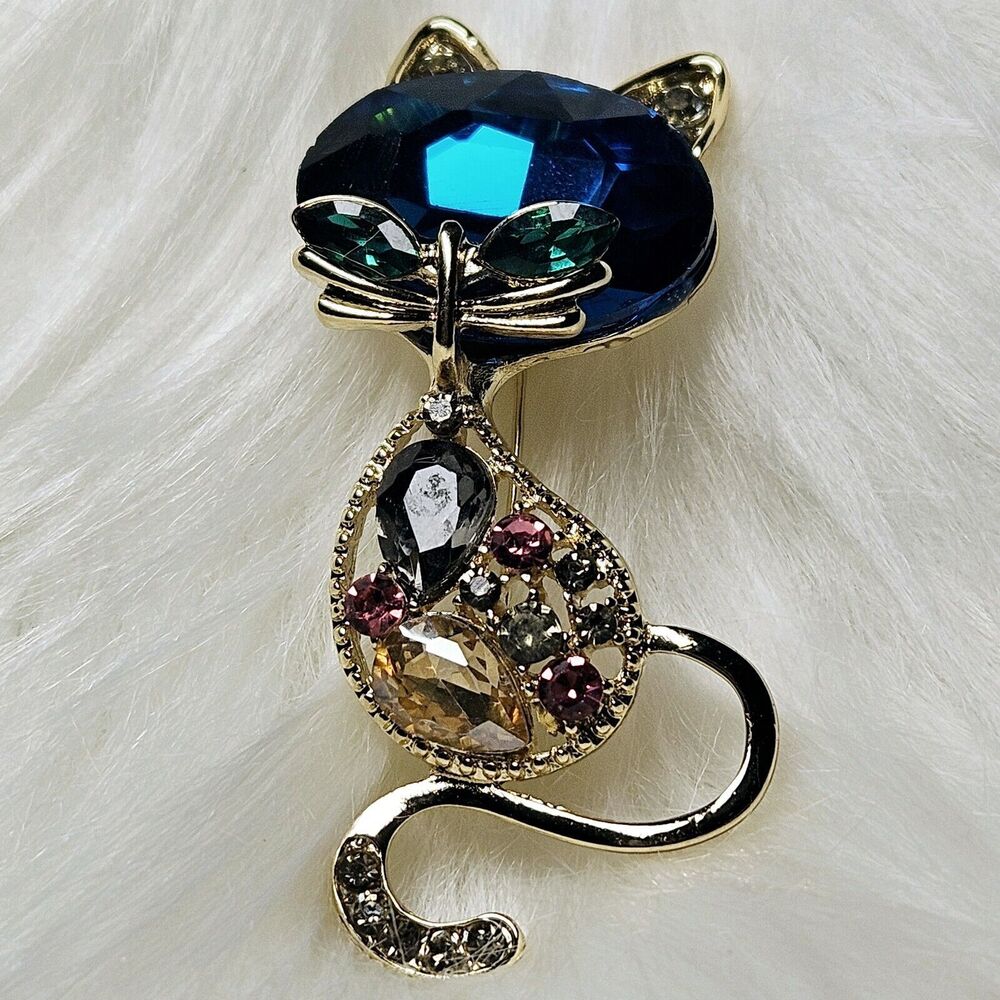 Cat Siluet pin Large Blue faceted Gemstone & Rhinestones 2.5 in Statement Brooch - Picture 6 of 10